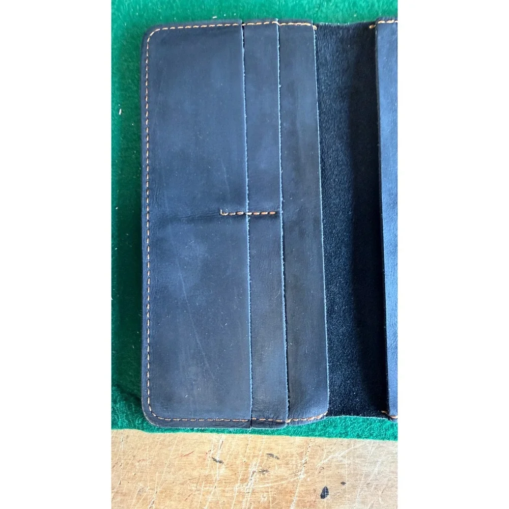 Cowather Handmade Genuine Leather Long Bifold Wallet Navy Blue Slim Tall Wallet